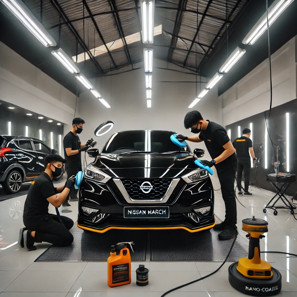 Nissan March menjalani proses detailing di salon mobil Bandung.
