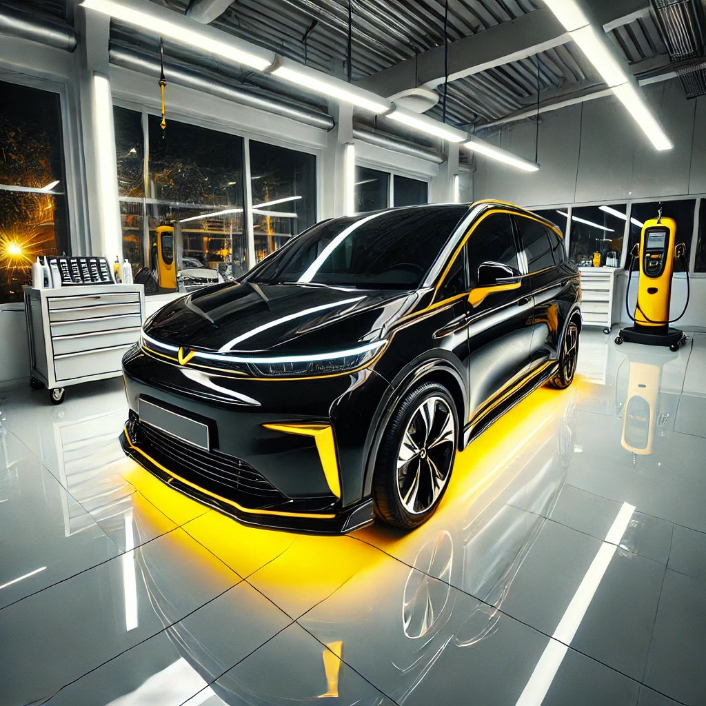 Wuling Air EV hitam mengkilap setelah detailing & nano coating di Bandung