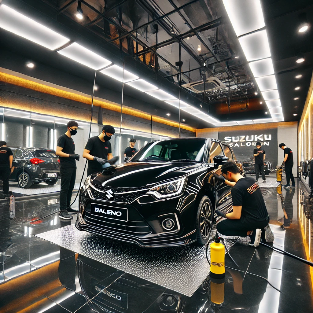 Suzuki Baleno Hatchback menjalani proses detailing di salon mobil Bandung.