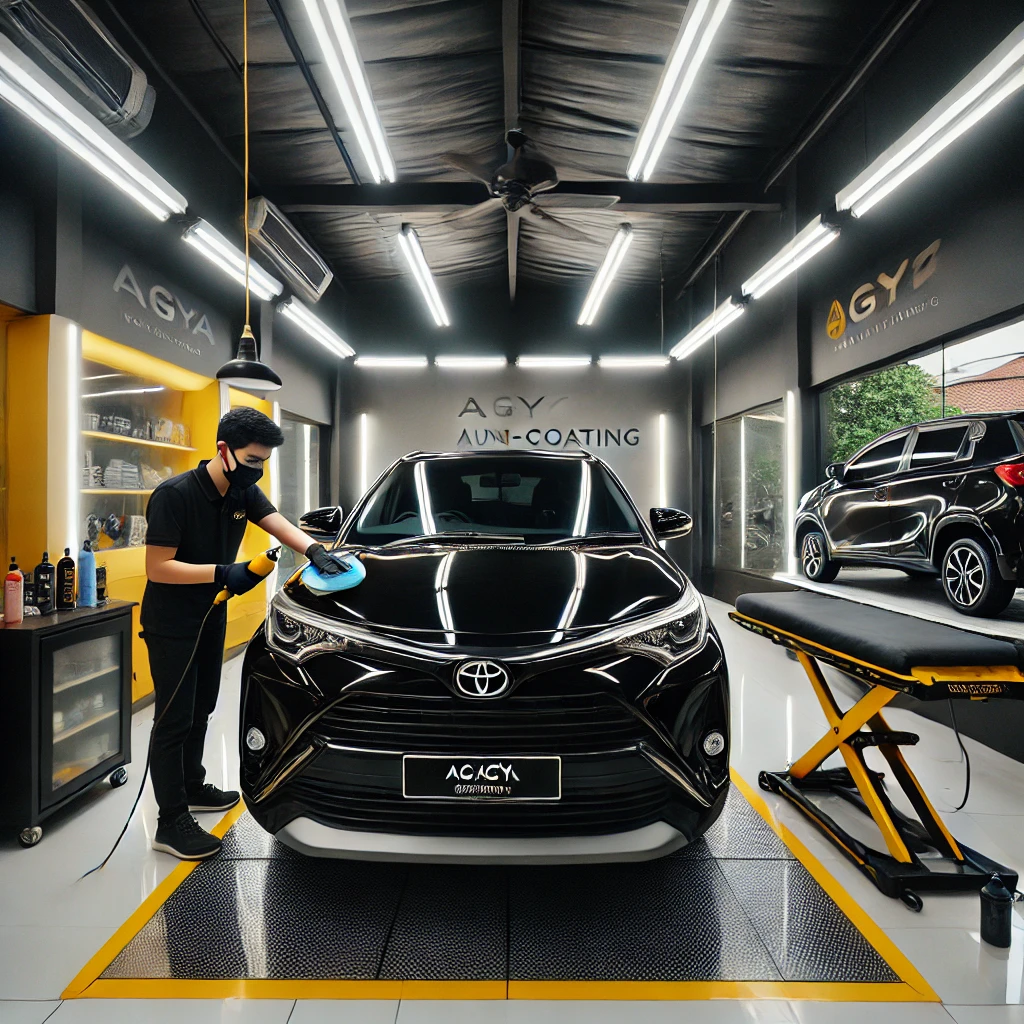 Toyota Agya menjalani proses detailing di salon mobil Bandung.