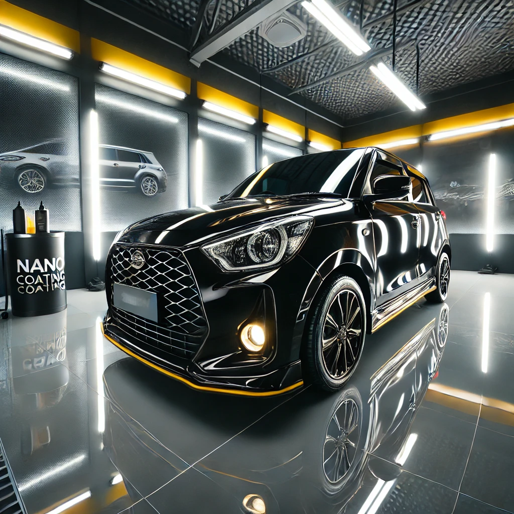 Daihatsu Sirion hitam mengkilap setelah detailing & nano coating di Bandung