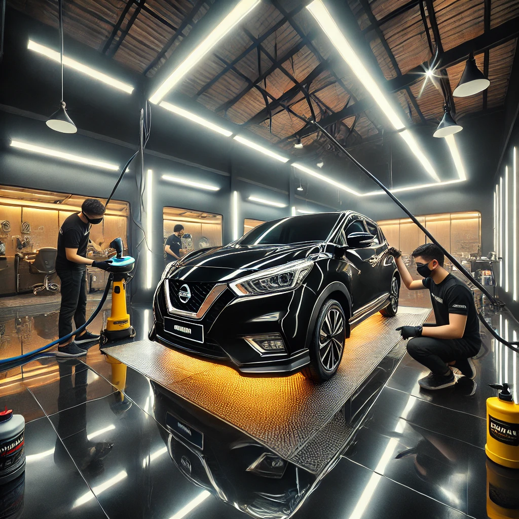 Nissan March menjalani proses detailing di salon mobil Bandung.