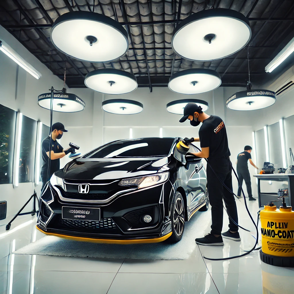 Honda Jazz menjalani proses detailing di salon mobil Bandung.