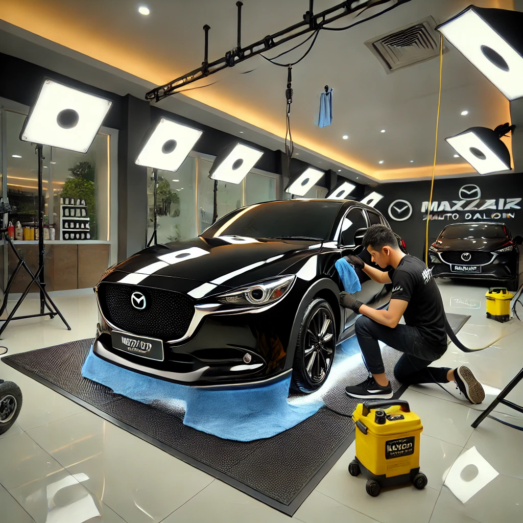 Mazda 2 menjalani proses detailing di salon mobil Bandung.