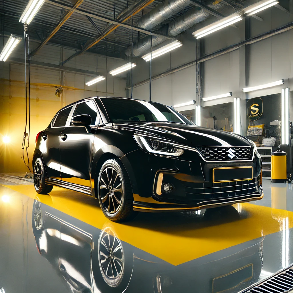 Suzuki Baleno Hatchback hitam mengkilap setelah detailing & nano coating di Bandung