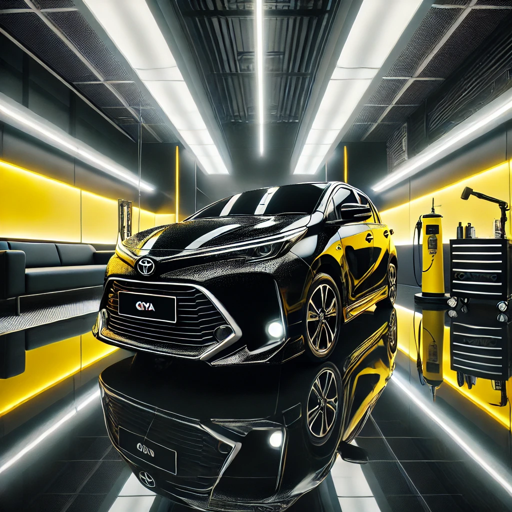 Toyota Agya hitam mengkilap setelah detailing & nano coating di Bandung