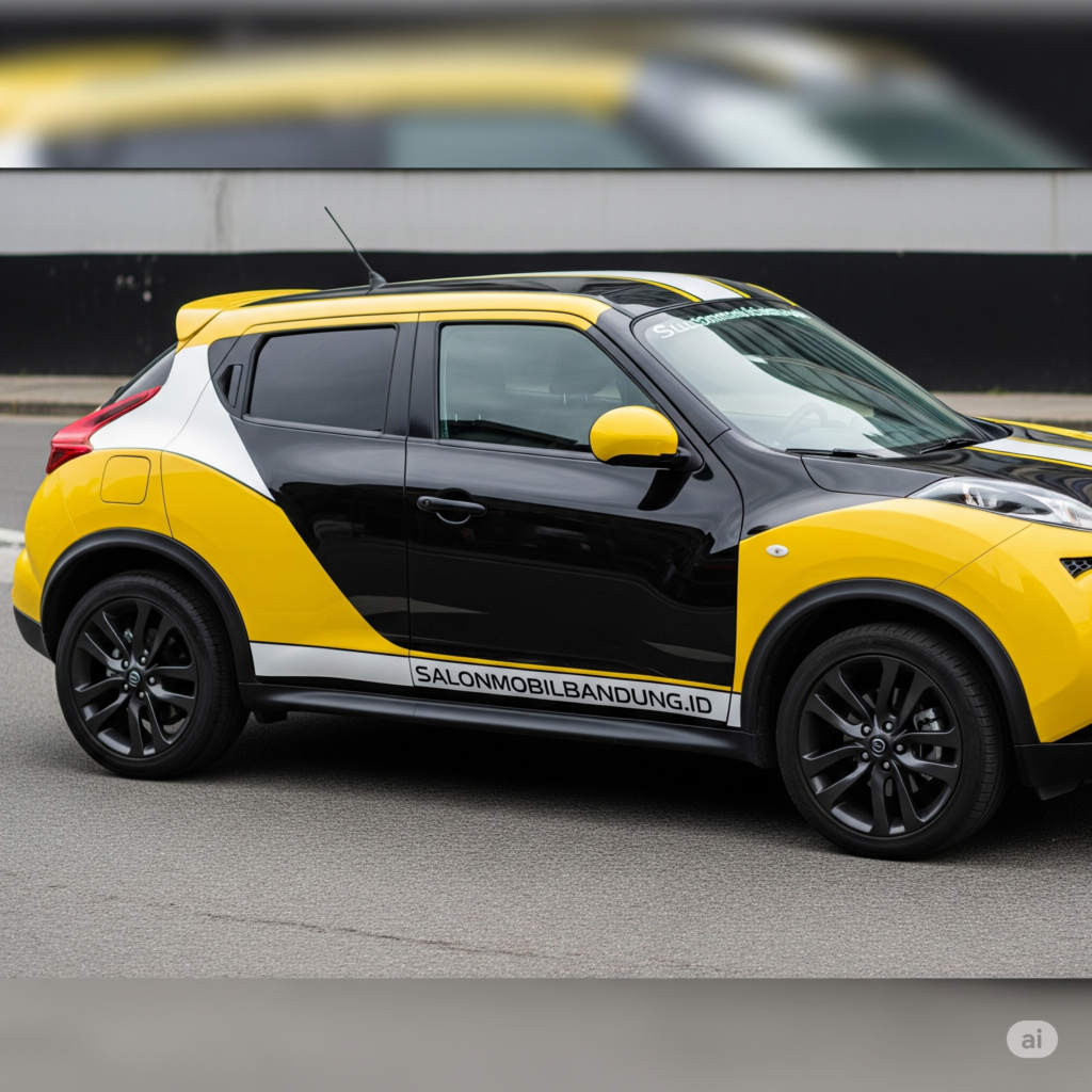 bikinin foto mobil Nissan Juke, dominan mobilnya warna hitam, kuning dan putih, kasih tulisan kecil SalonMobilBandung.id di mobilnya