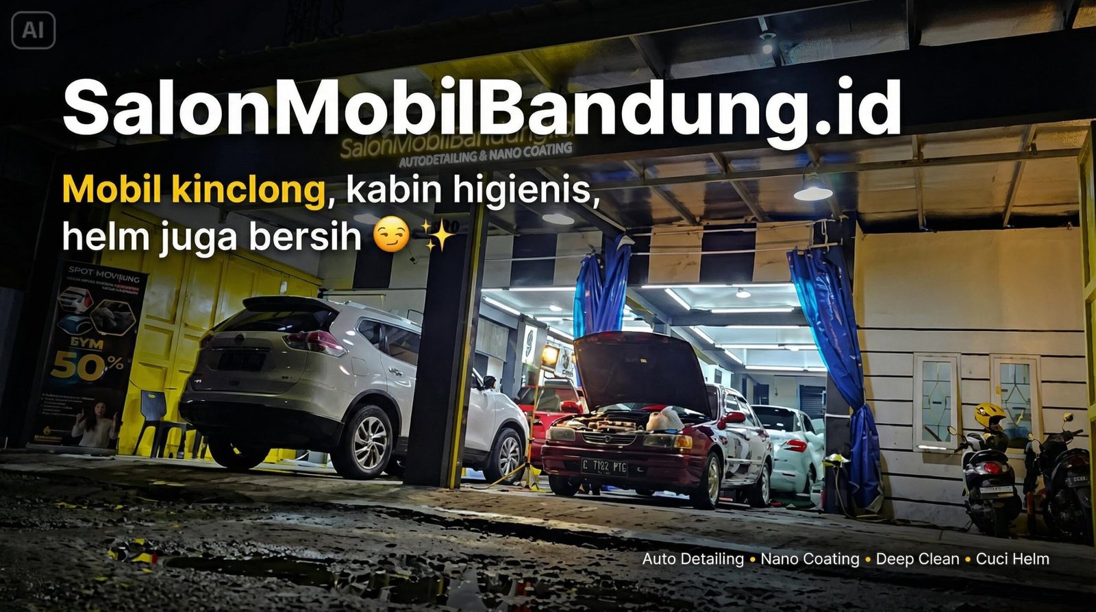 a car with its hood open in a garage